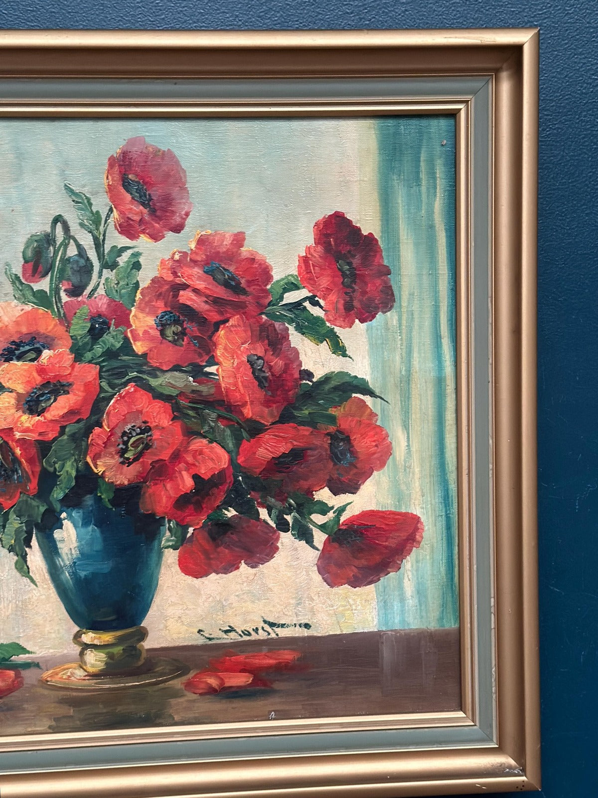 “Red Poppies in Blue Vase” by C. Horst