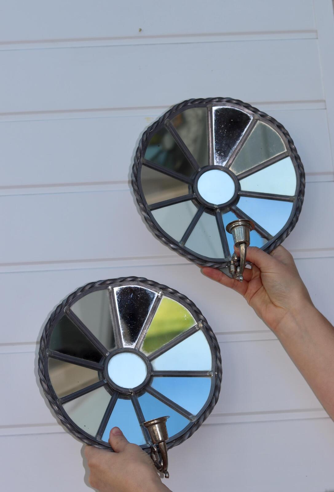 Pair of Vintage Sun Mirror Sconces in Pewter by Klöva Hallar