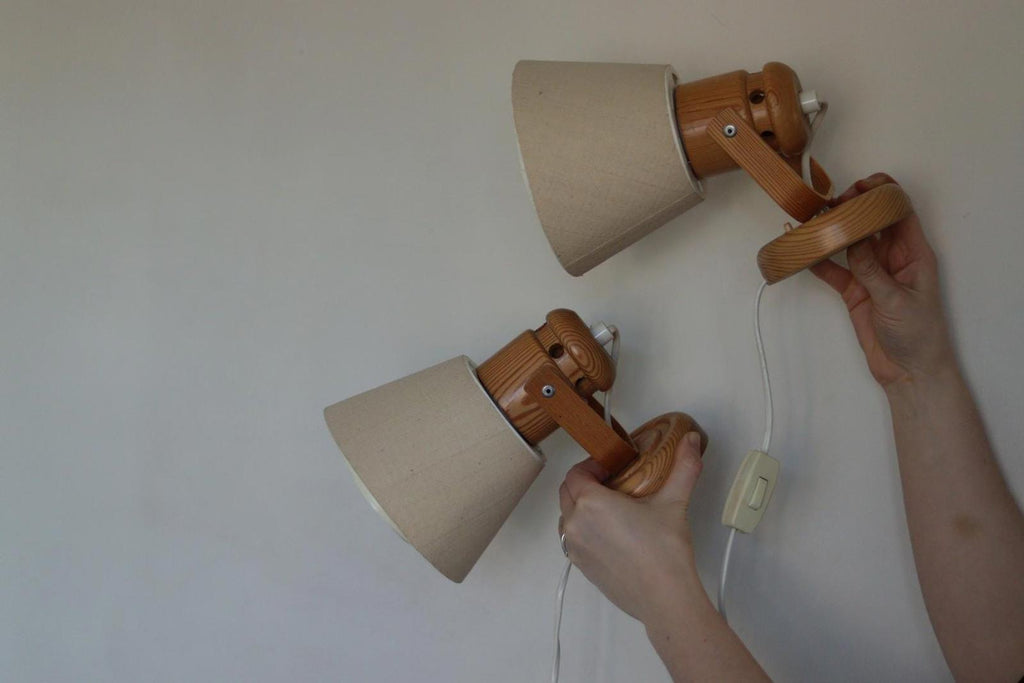 Pair of Vintage Wall Lamps by Solbackens Svarveri, Sweden, 1970s - Pine Wood