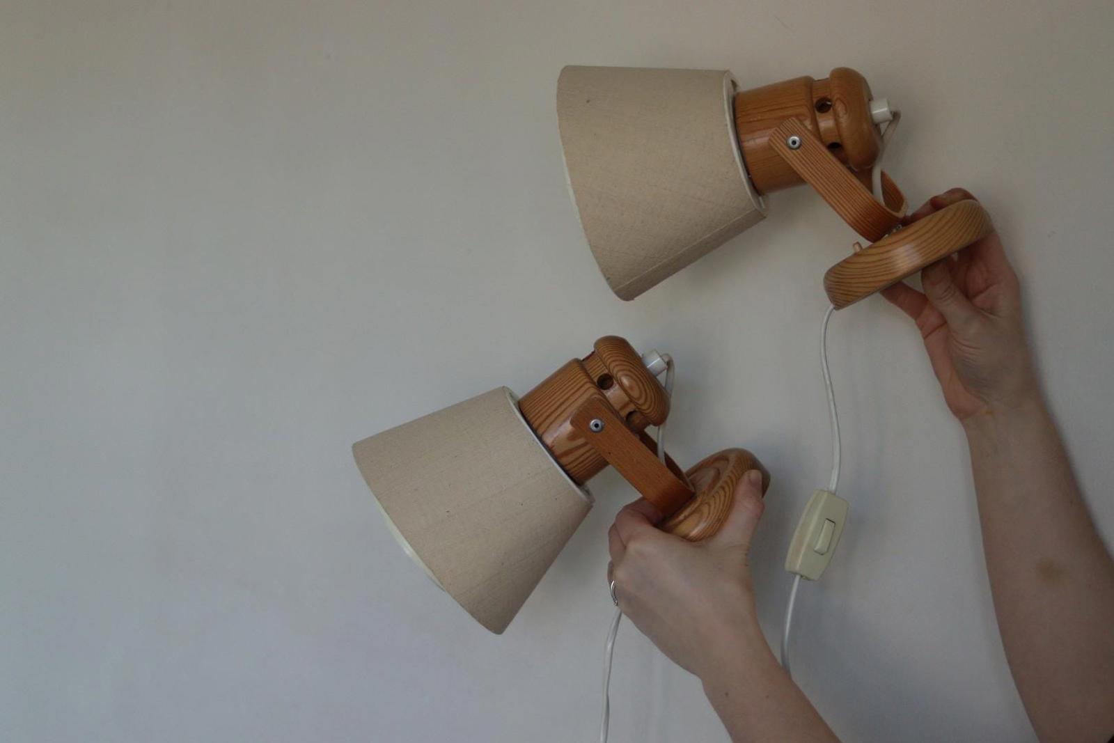 Pair of Vintage Wall Lamps by Solbackens Svarveri, Sweden, 1970s - Pine Wood