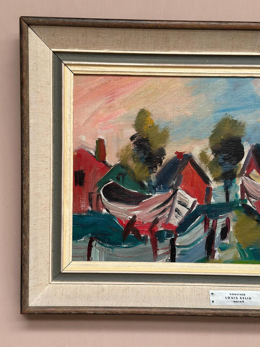 “Boats in Fishing Village” by Louis Zelig (1922–1993)