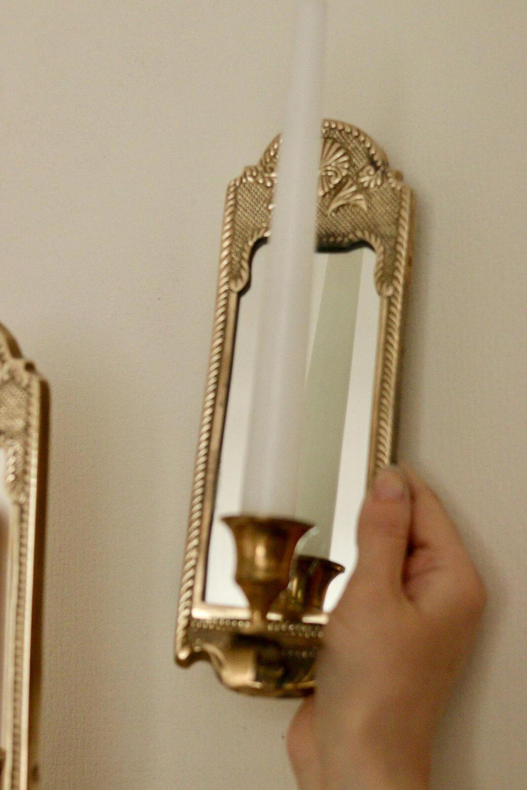 Pair of Mid-Century Swedish Brass Sconces with Mirror