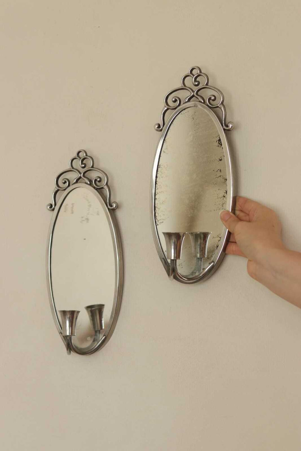 Pair of Mid Century Swedish Pewter Sconces with Mirror By Svenskt - Tenn