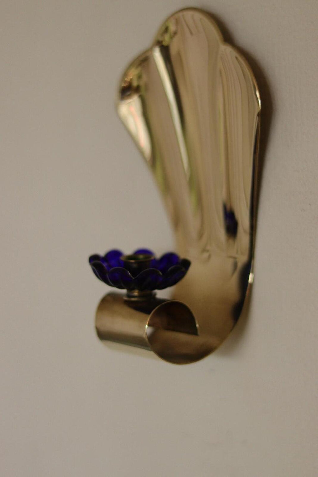 Pair of Vintage Brass Sconces With blue Flower Shape Bobeche (drip tray)