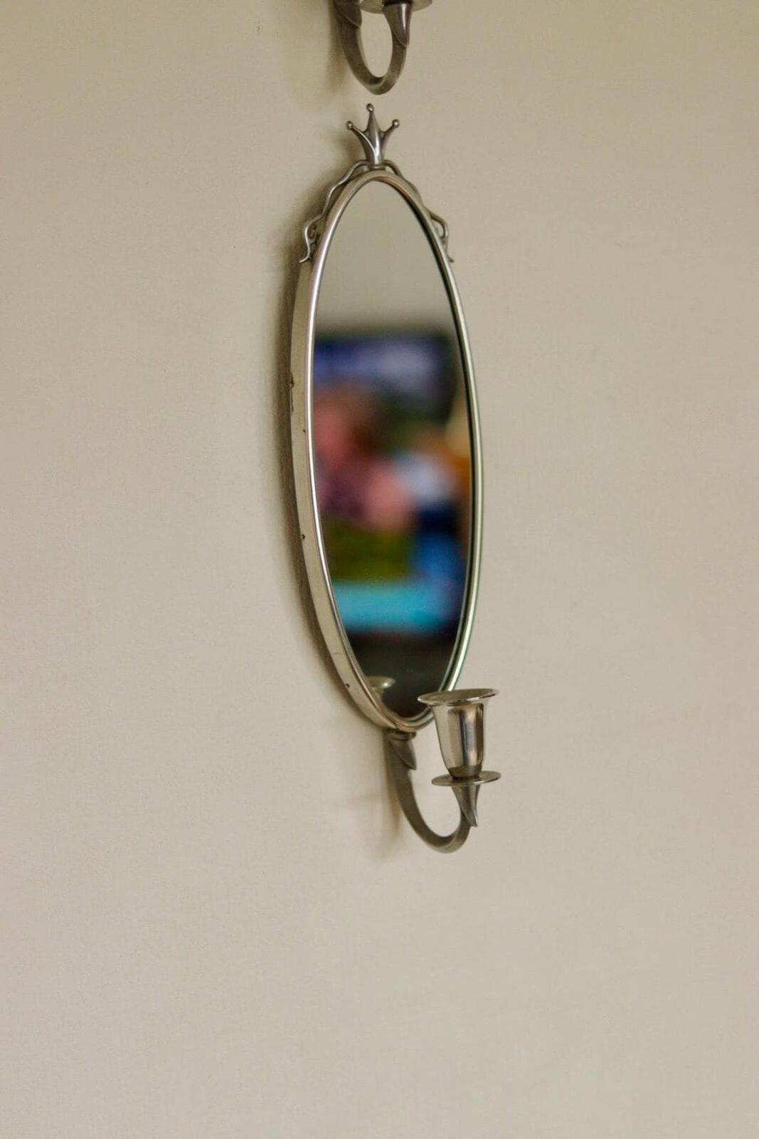 Pair of Mid Century Swedish Pewter Sconces with Mirror by Svenskt - Tenn