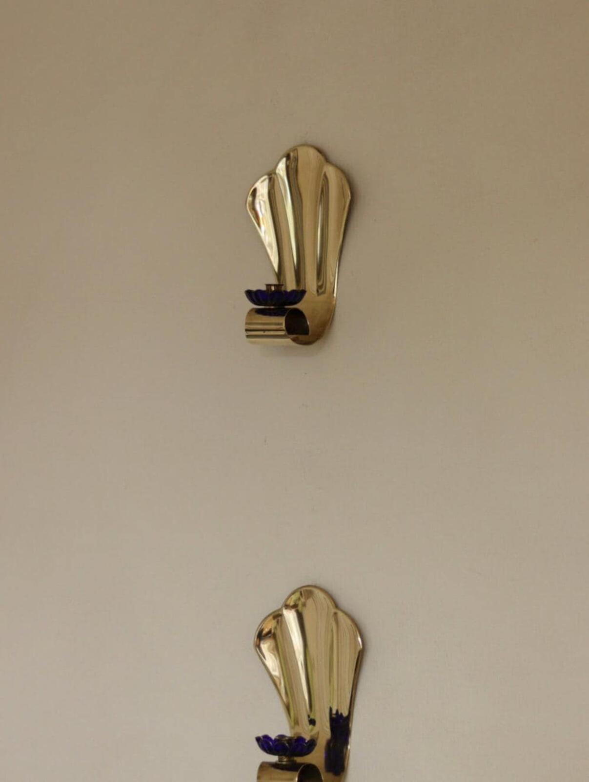 Pair of Vintage Brass Sconces With blue Flower Shape Bobeche (drip tray)