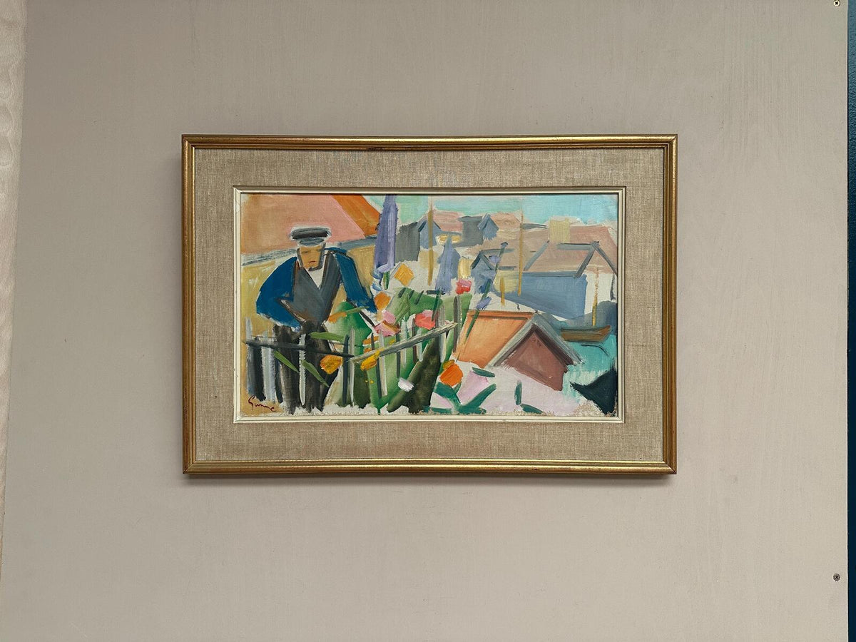“Figure by a Fence with Flowers” by Carl Gunne