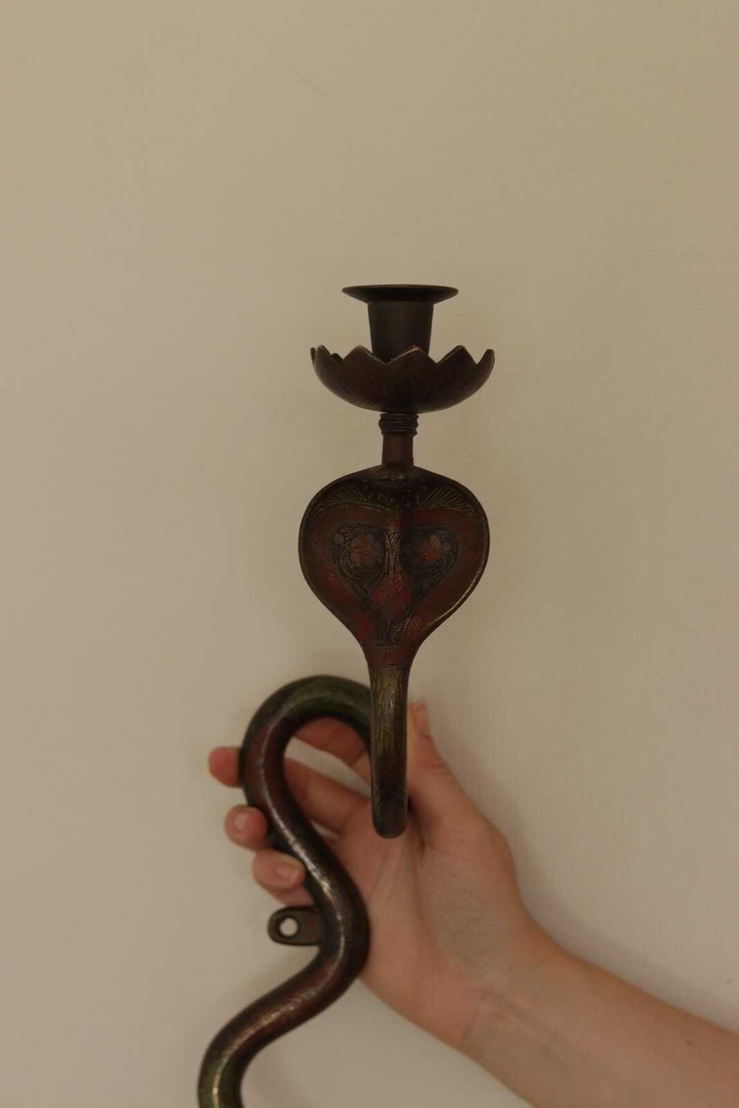 Pair of Egyptian Revival Style Engraved Brass Enameled Cobra Sconces