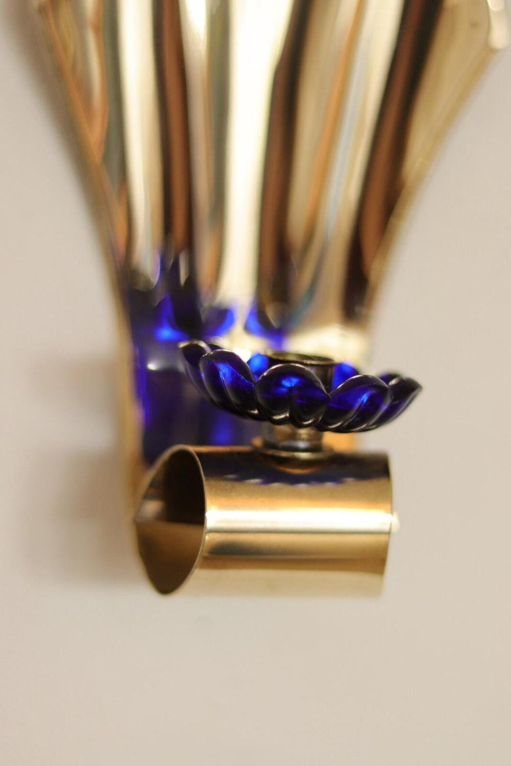 Pair of Vintage Brass Sconces With blue Flower Shape Bobeche (drip tray)