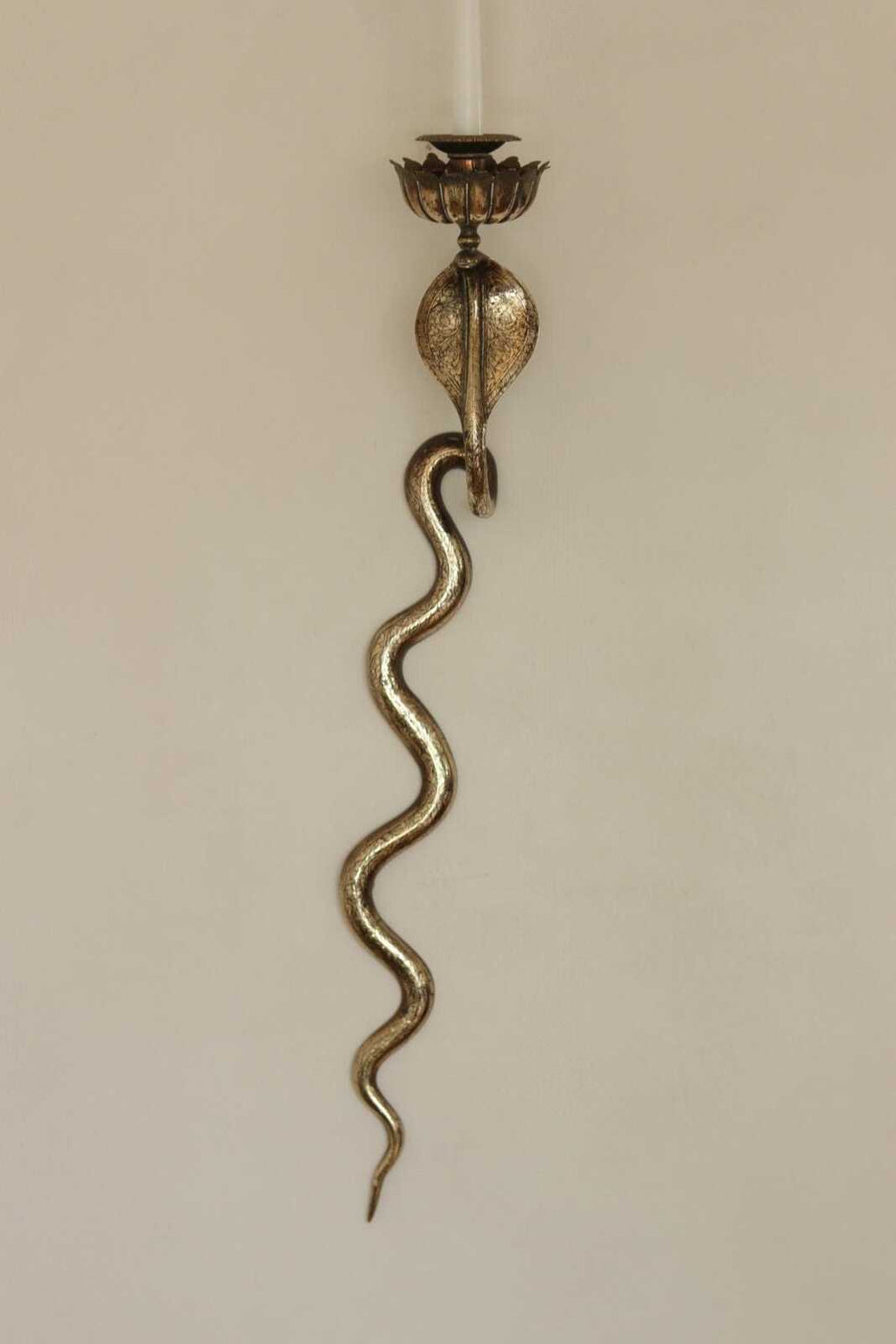Pair of Egyptian Revival Style Engraved Brass Cobra Sconces