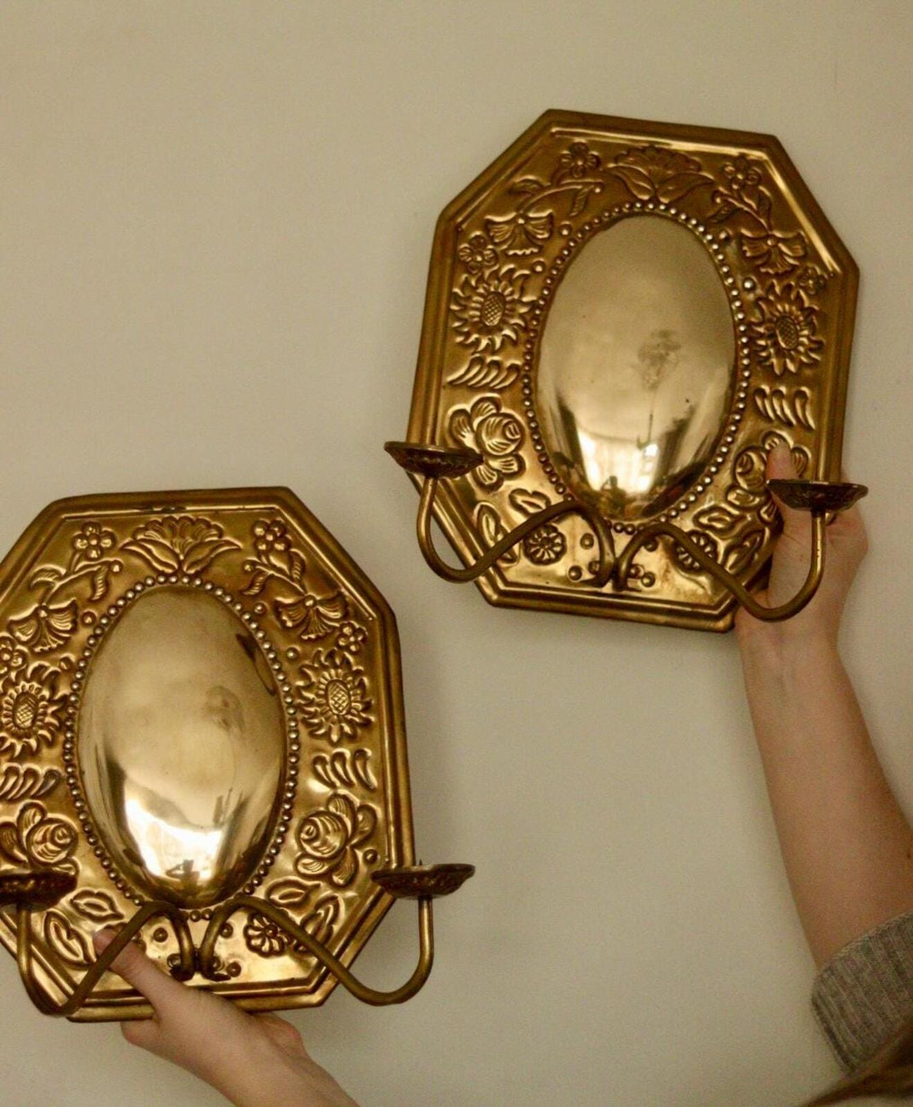 Pair of Mid-Century Swedish Brass Octagonal Double Arm Sconces