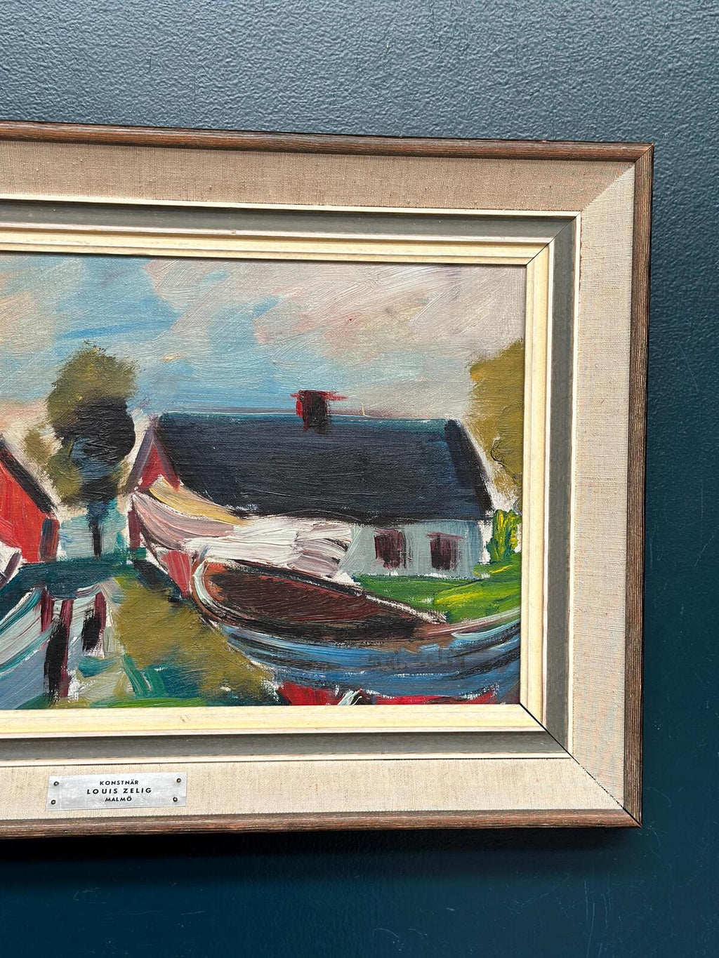 “Boats in Fishing Village” by Louis Zelig (1922–1993)