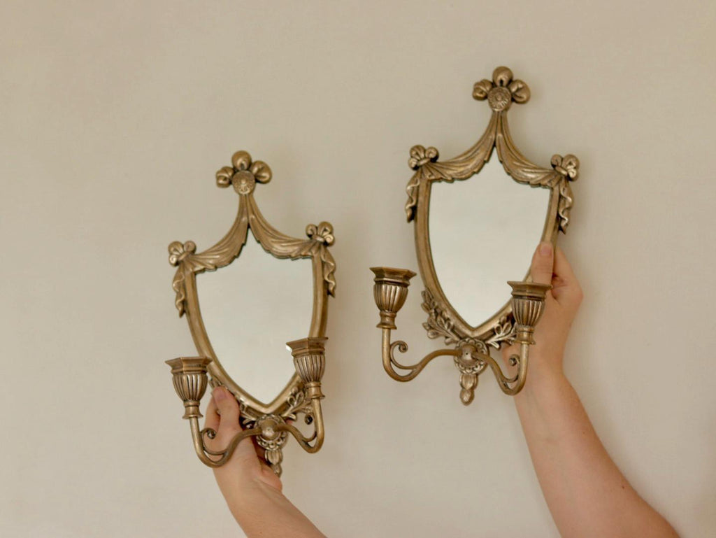 Pair of  Vintage Double Arm Italian Brass Sconces with Mirror