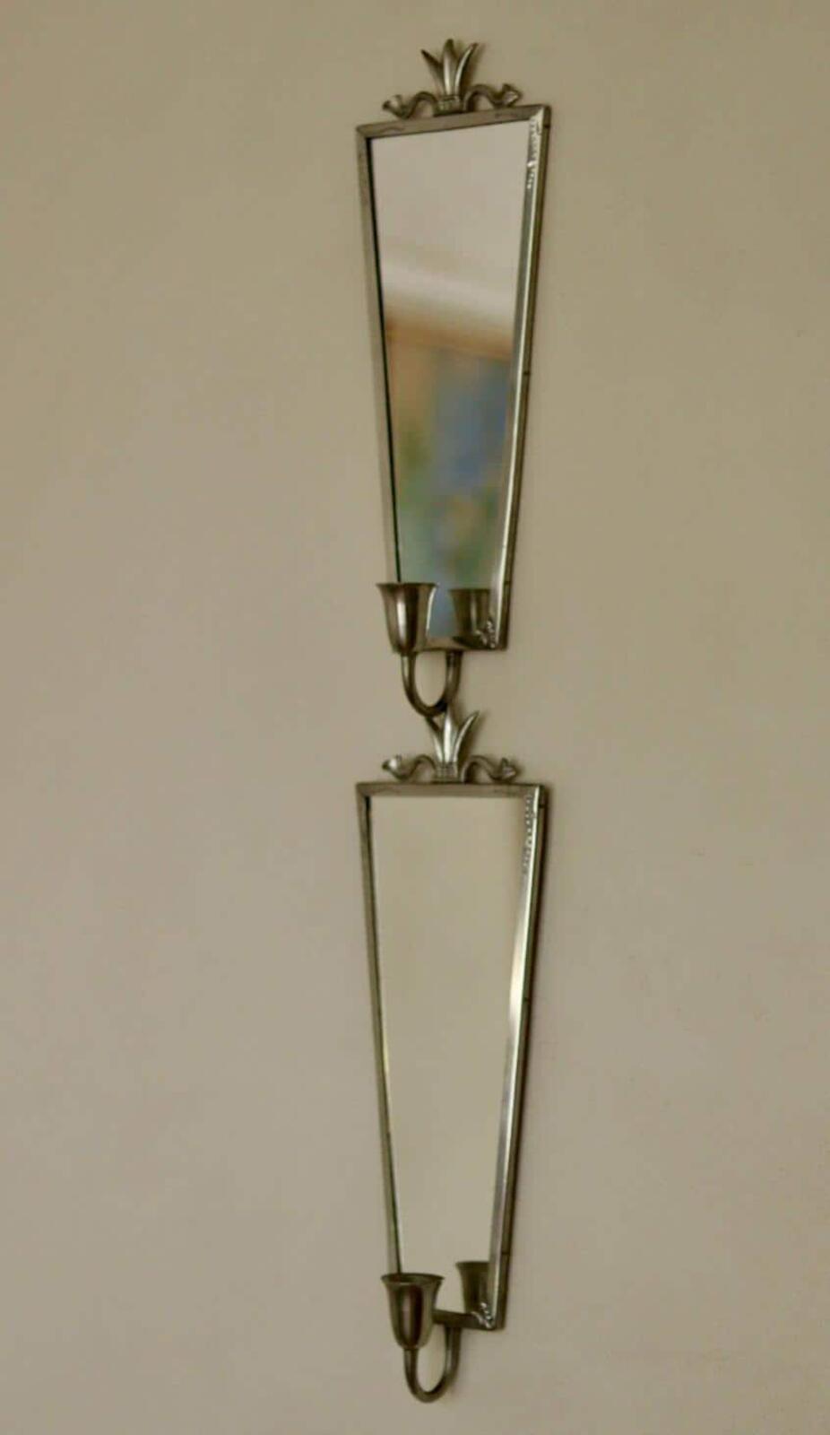 Pair of Mid Century Swedish Pewter Sconces with Mirror