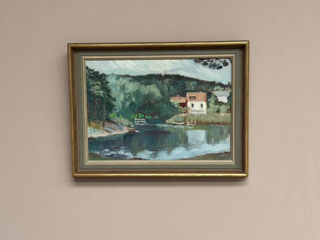 “Lake with Houses” by G. Arner
