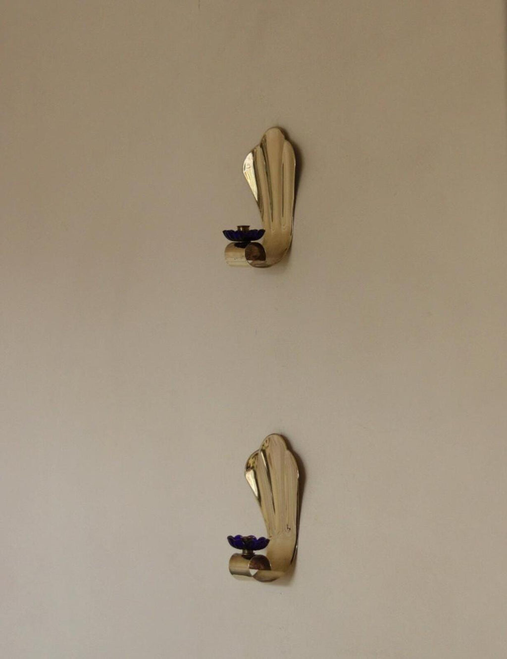 Pair of Vintage Brass Sconces With blue Flower Shape Bobeche (drip tray)