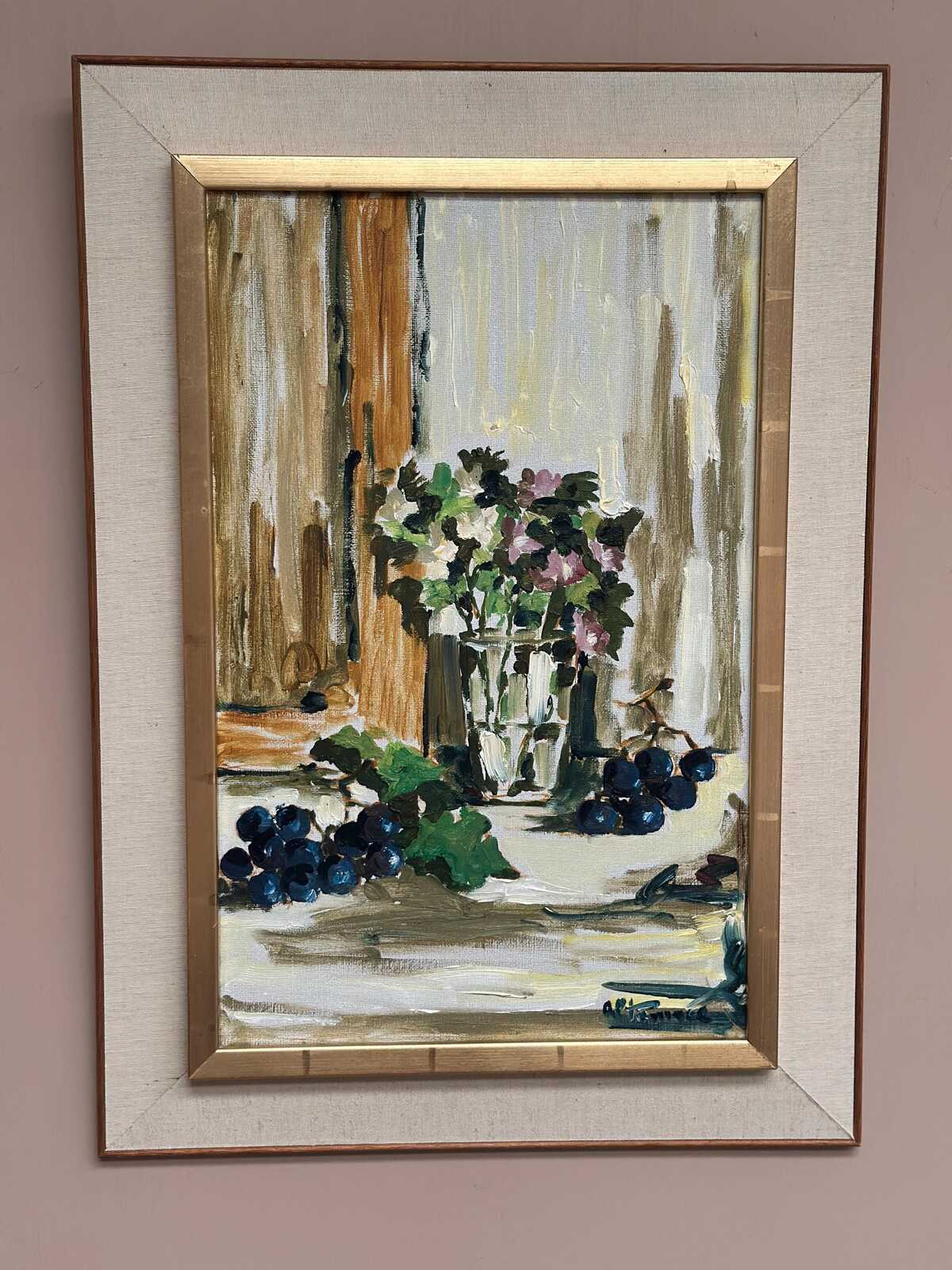 Original Swedish Oil on Canvas – “Still Life with Flowers and Grapes” by Aldo Altomare – Vintage & Framed – 64 × 46 cm (25.2" × 18.1")