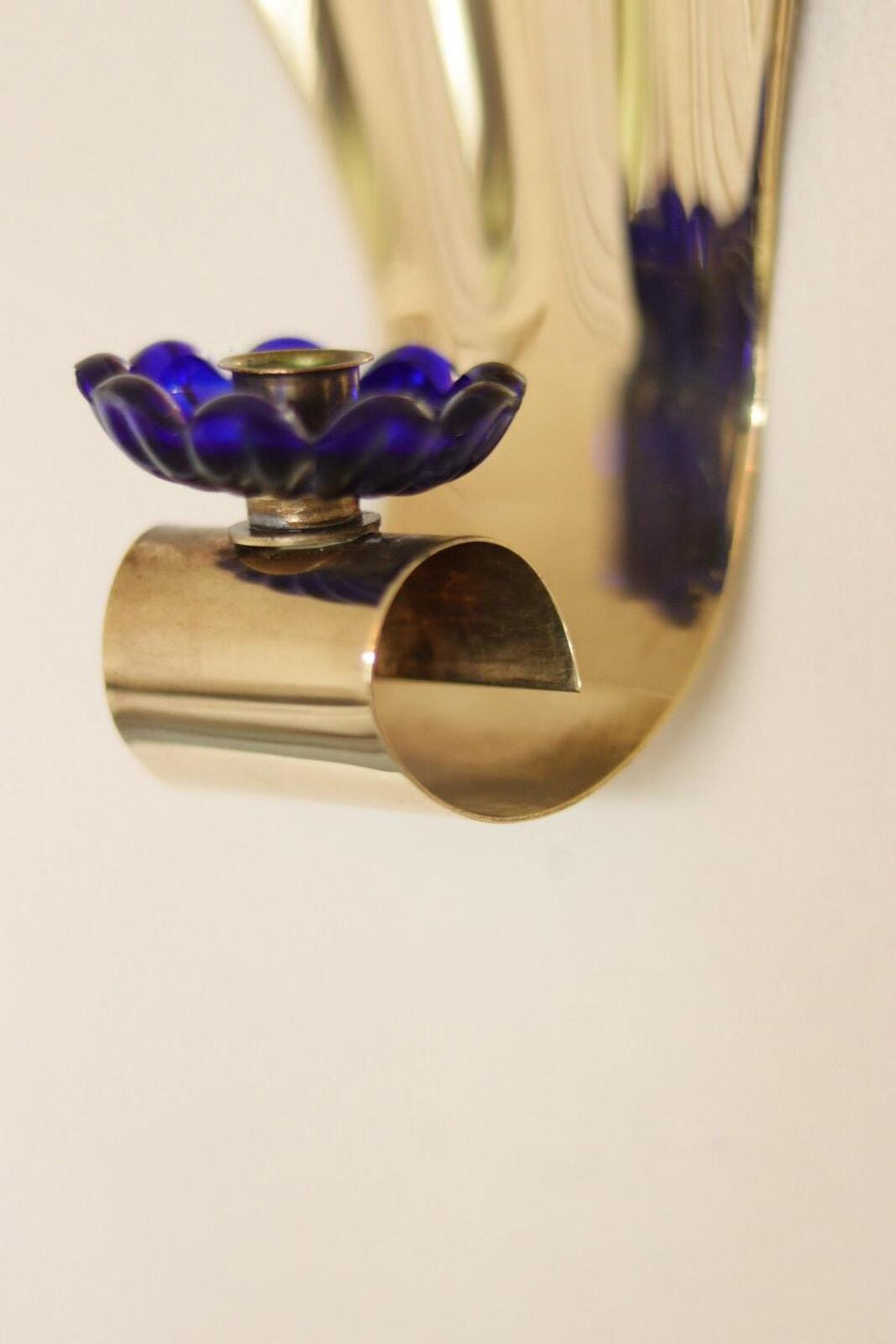 Pair of Vintage Brass Sconces With blue Flower Shape Bobeche (drip tray)