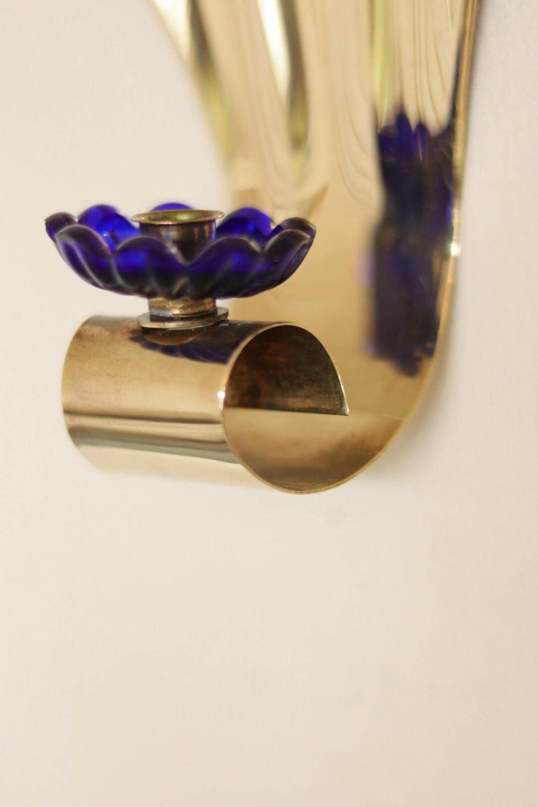 Pair of Vintage Brass Sconces With blue Flower Shape Bobeche (drip tray)