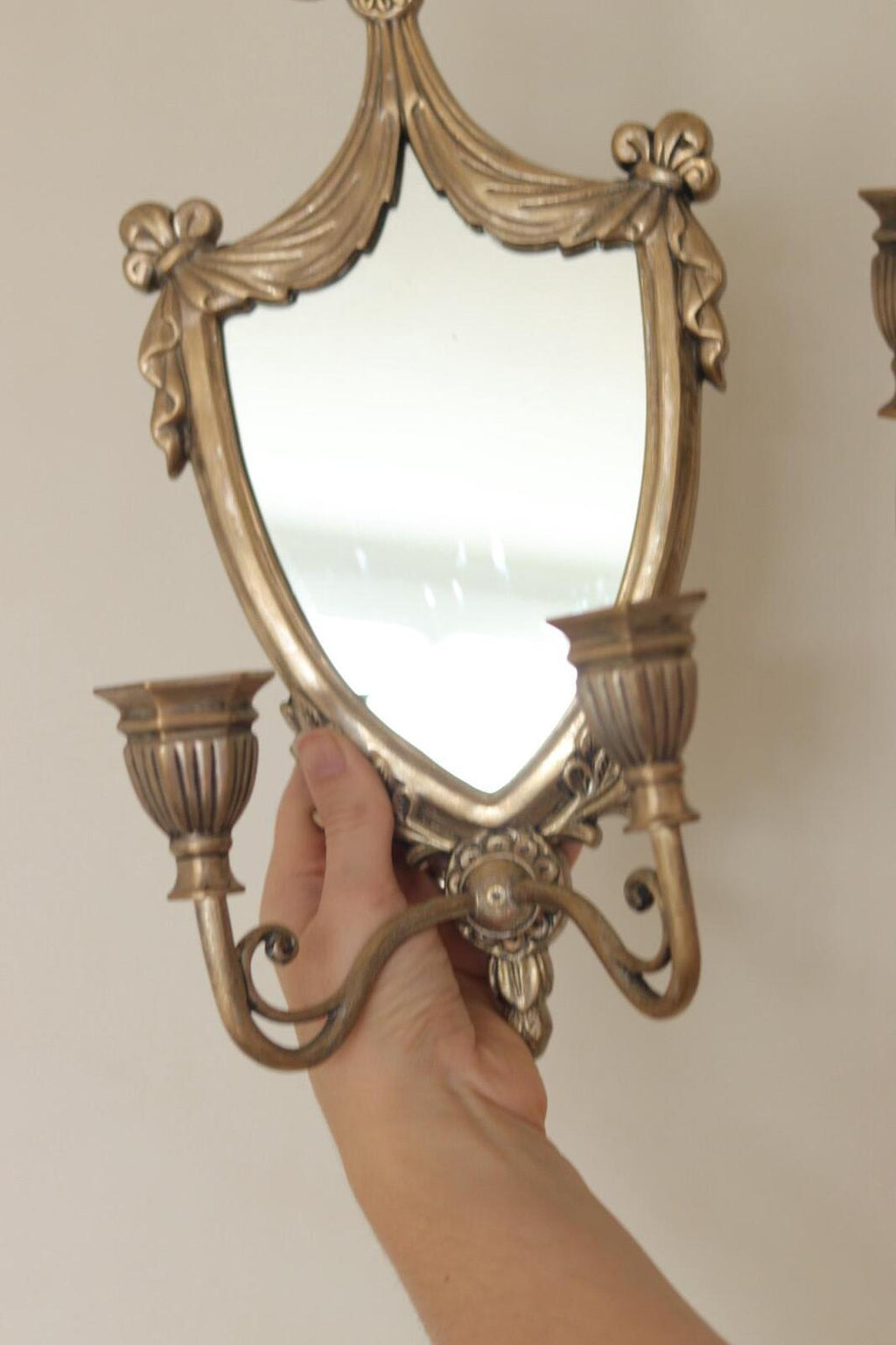 Pair of  Vintage Double Arm Italian Brass Sconces with Mirror