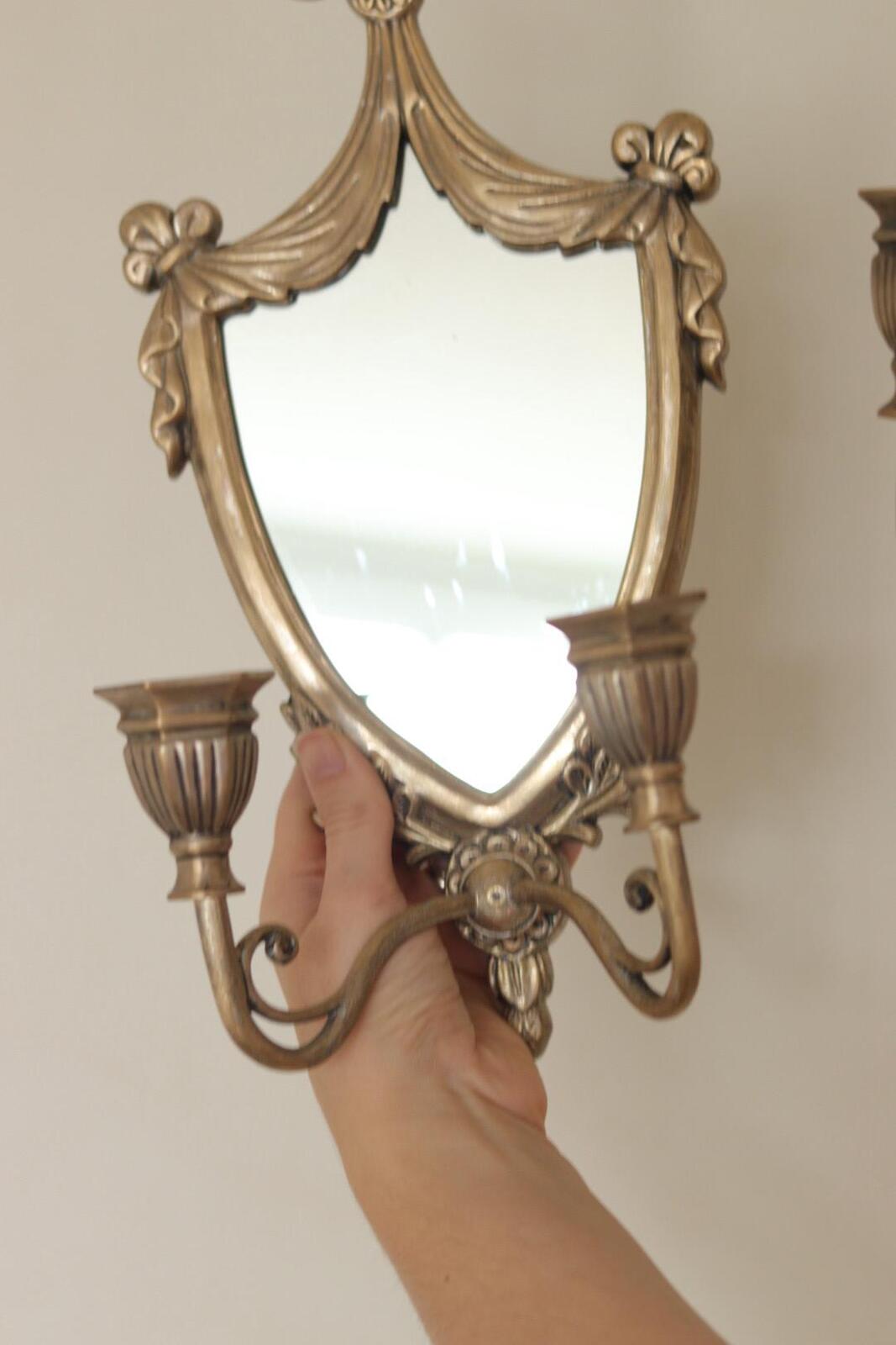 Pair of  Vintage Double Arm Italian Brass Sconces with Mirror