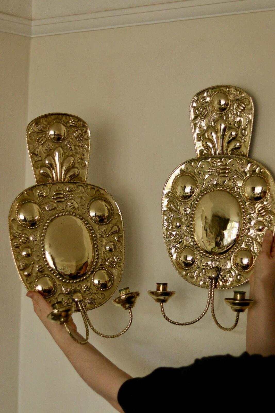 Pair Large baroque Style Mid Century Swedish Brass Sconces