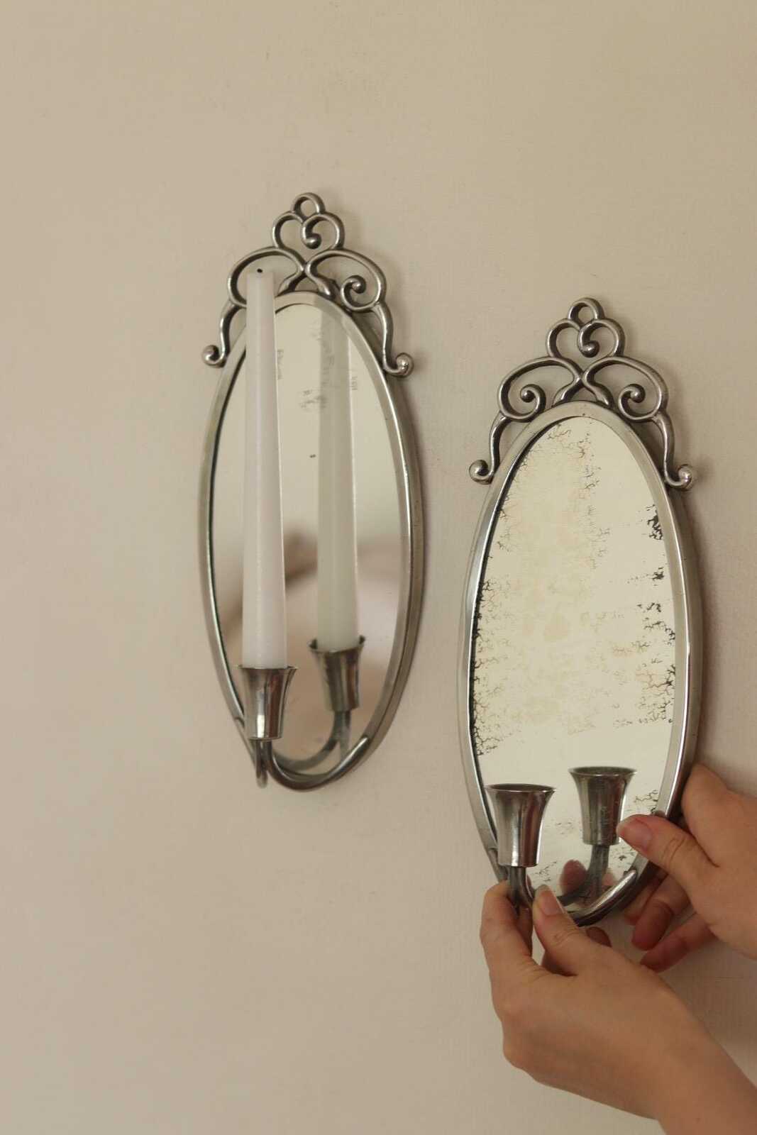 Pair of Mid Century Swedish Pewter Sconces with Mirror By Svenskt - Tenn