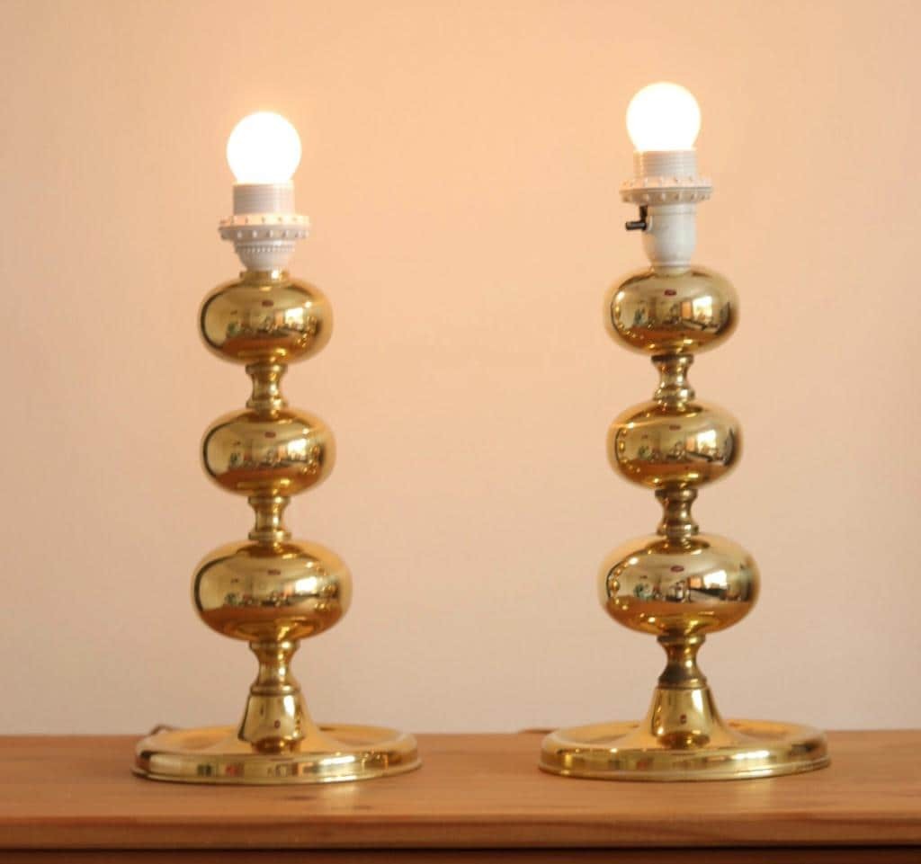 Pair of Swedish Brass Bobbin Table lamp by NAFA Nybro Armaturfabrik AB