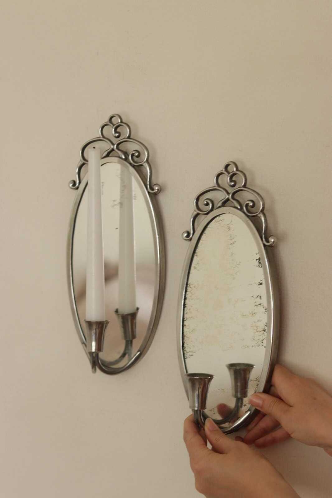 Pair of Mid Century Swedish Pewter Sconces with Mirror By Svenskt - Tenn