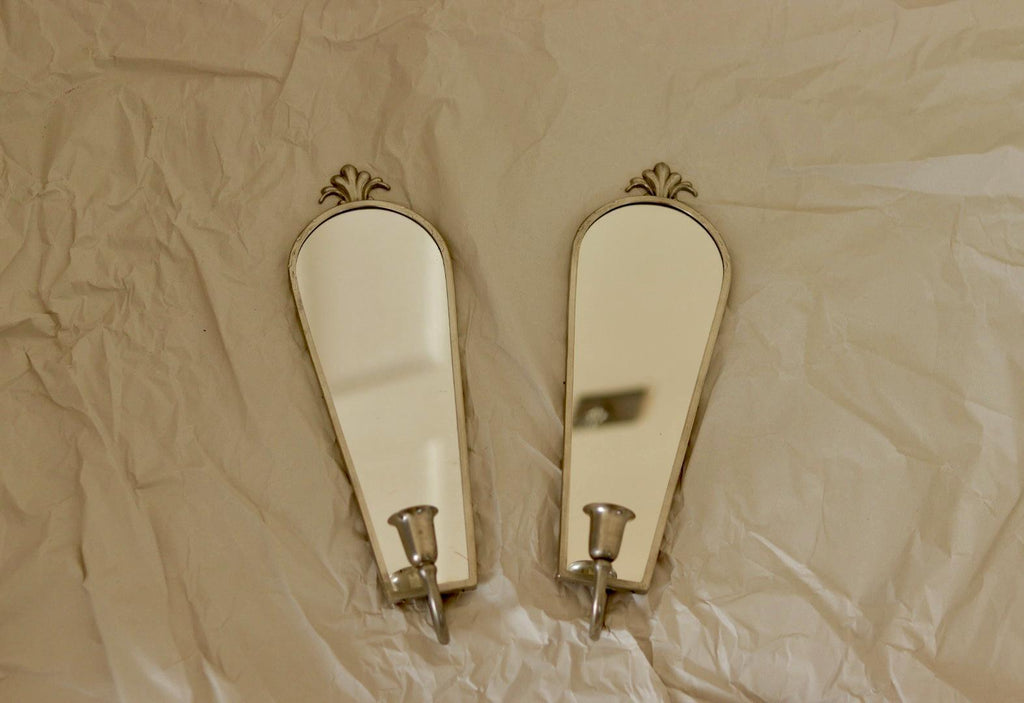 Pair of Mid Century Swedish Pewter Sconces with Mirror
