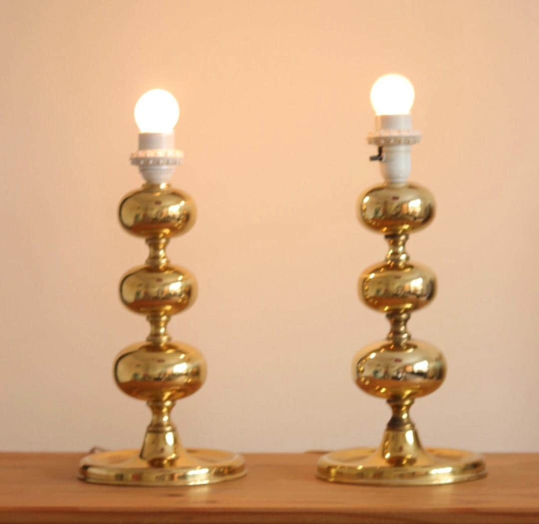 Pair of Swedish Brass Bobbin Table lamp by NAFA Nybro Armaturfabrik AB