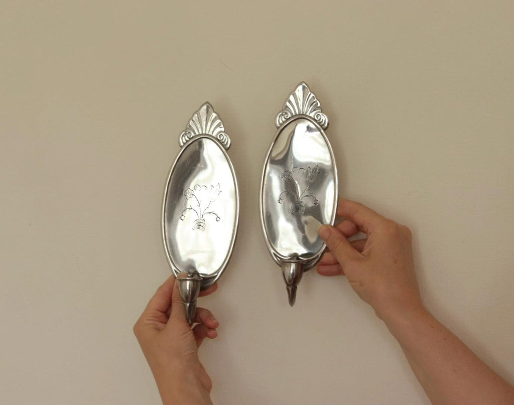 Pair of Mid Century Swedish Pewter Sconces with Mirror by Svenskt - Tenn