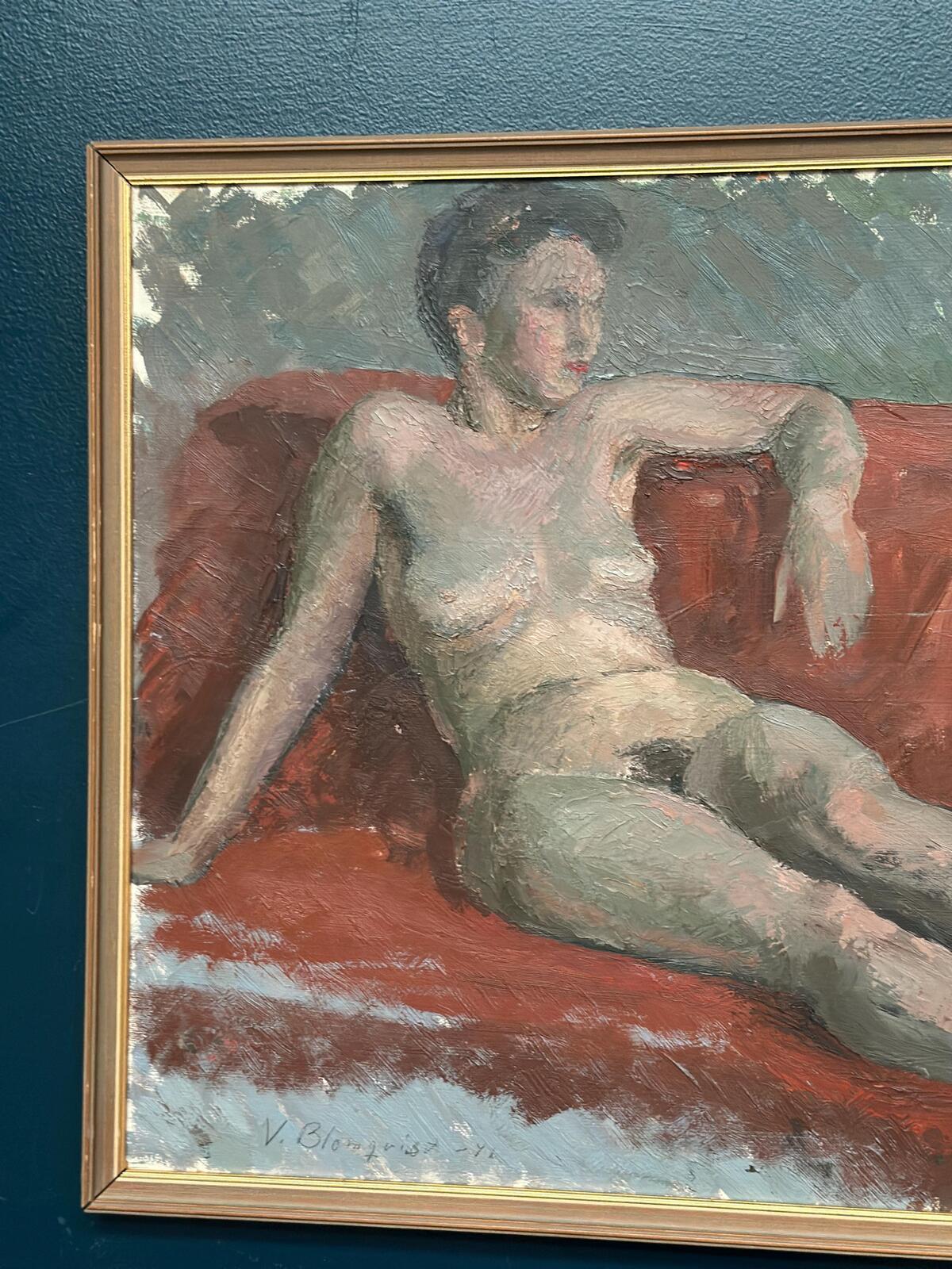 “Reclining Lady on Red Couch” by Vilhelm Blomquist