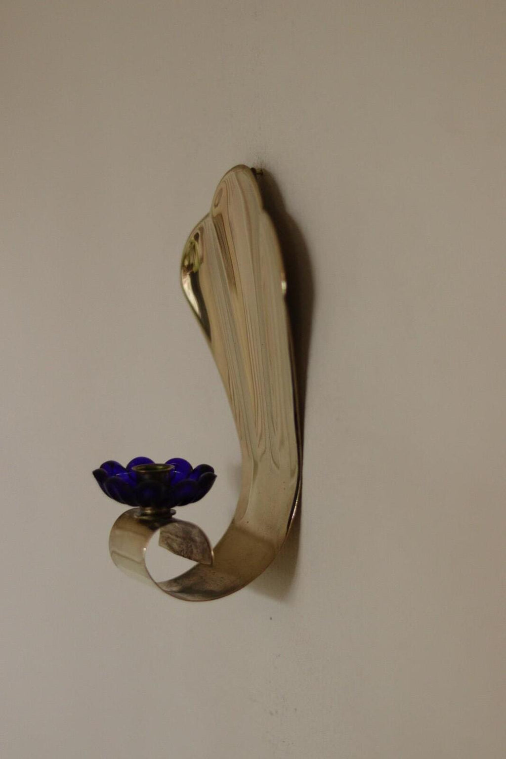 Pair of Vintage Brass Sconces With blue Flower Shape Bobeche (drip tray)
