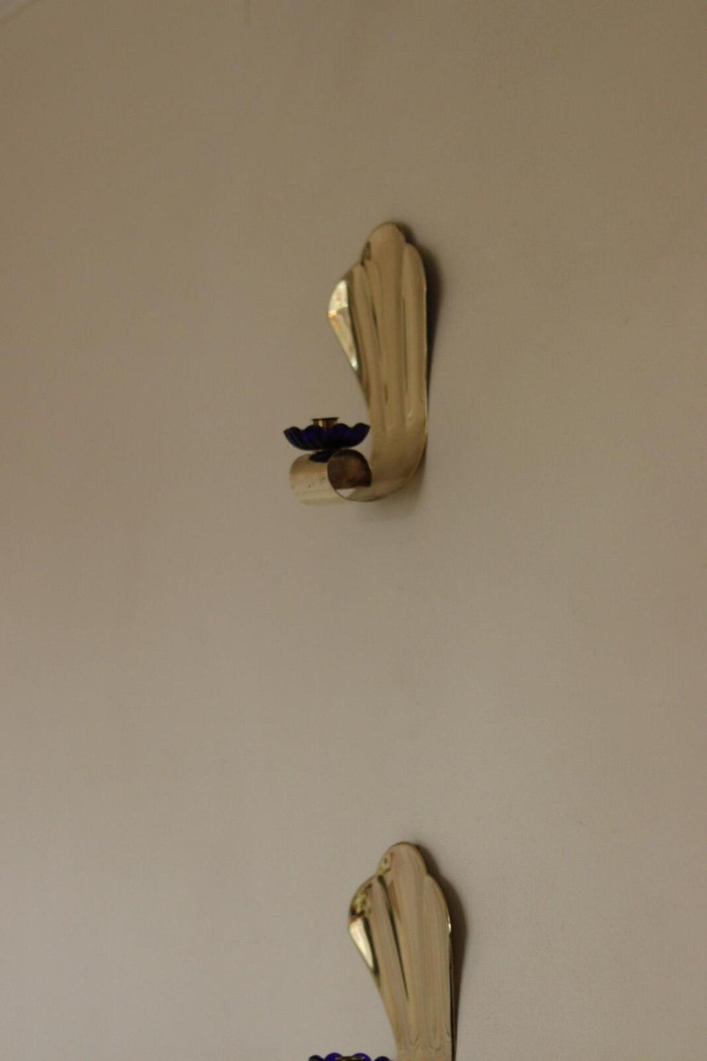 Pair of Vintage Brass Sconces With blue Flower Shape Bobeche (drip tray)