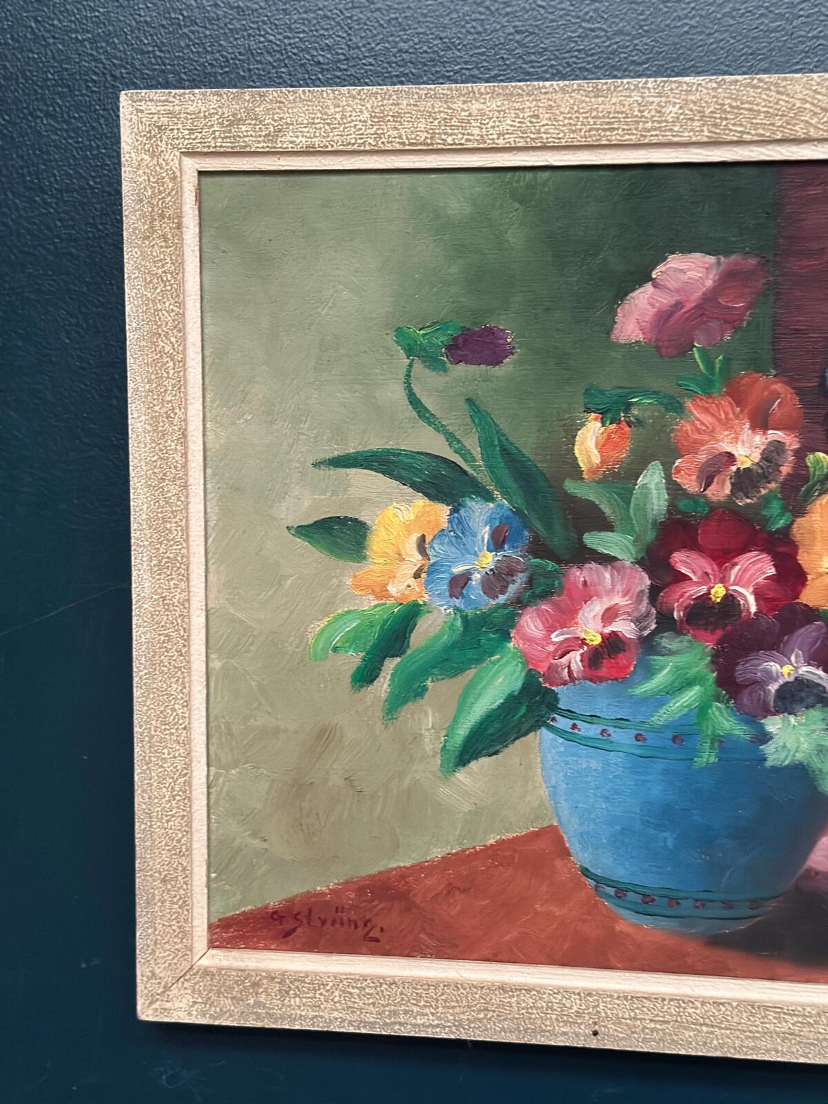 “Pansies in Blue Vase” by G. Stränz