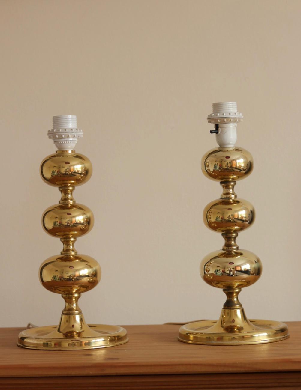 Pair of Swedish Brass Bobbin Table lamp by NAFA Nybro Armaturfabrik AB