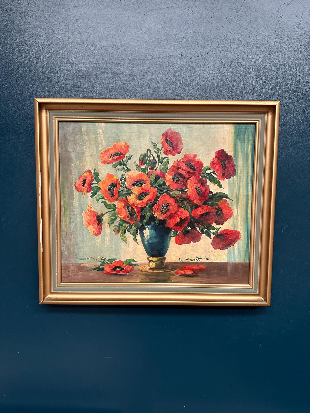 “Red Poppies in Blue Vase” by C. Horst