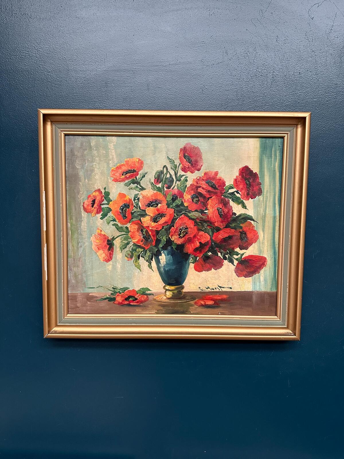 “Red Poppies in Blue Vase” by C. Horst