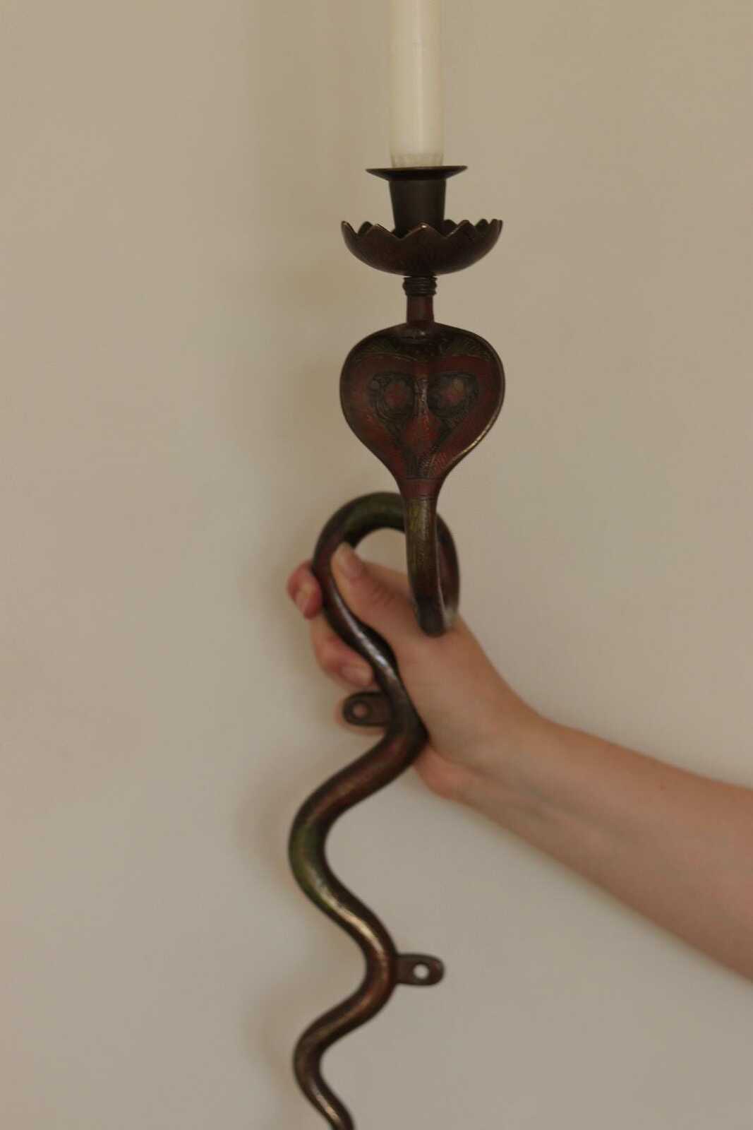 Pair of Egyptian Revival Style Engraved Brass Enameled Cobra Sconces
