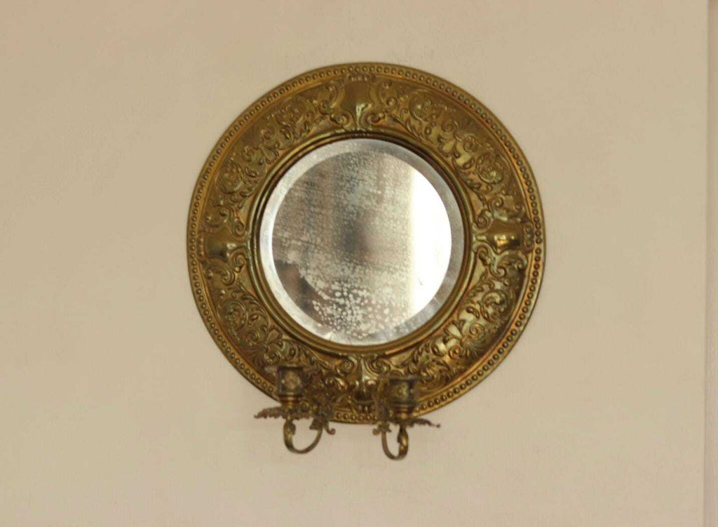 Pair of Swedish Double Arm Mid Century Style Brass Sconces with Mirror