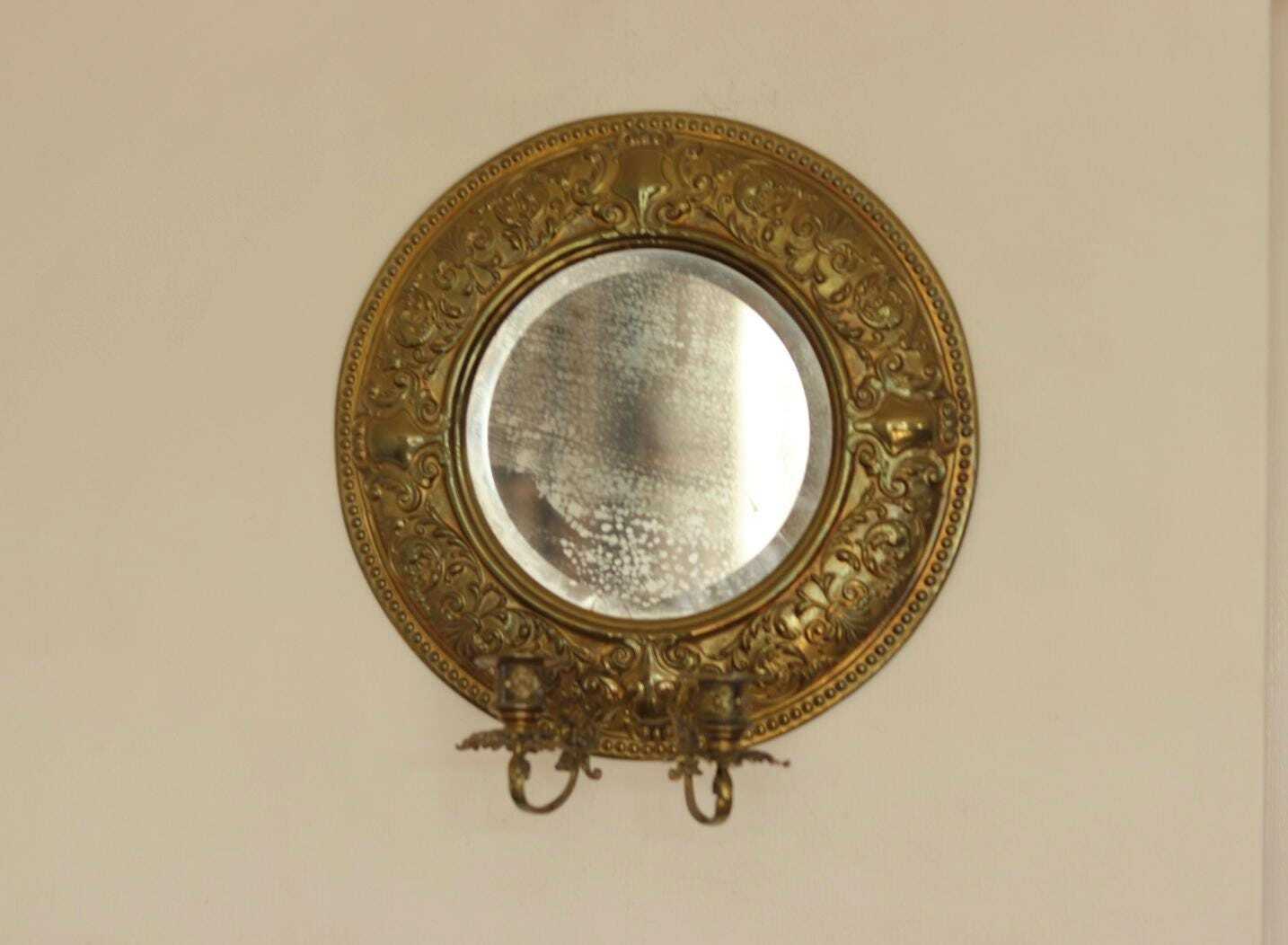 Pair of Swedish Double Arm Mid Century Style Brass Sconces with Mirror