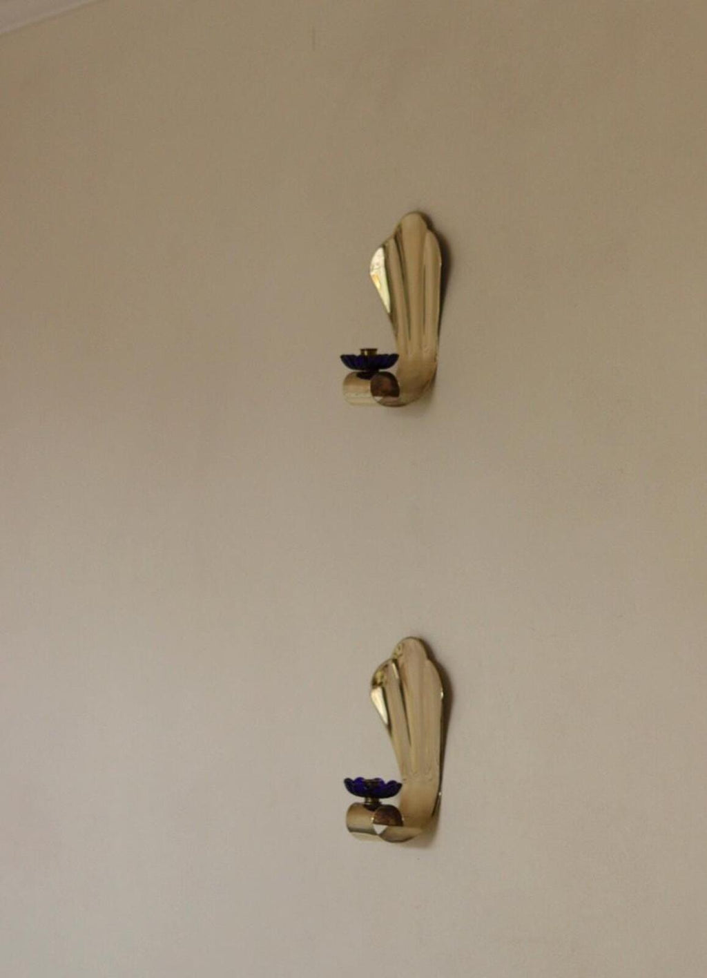 Pair of Vintage Brass Sconces With blue Flower Shape Bobeche (drip tray)
