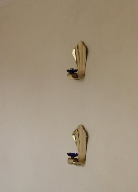 Pair of Vintage Brass Sconces With blue Flower Shape Bobeche (drip tray)