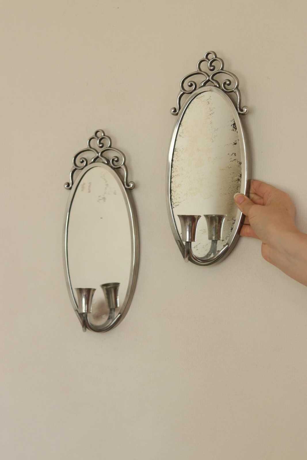 Pair of Mid Century Swedish Pewter Sconces with Mirror By Svenskt - Tenn