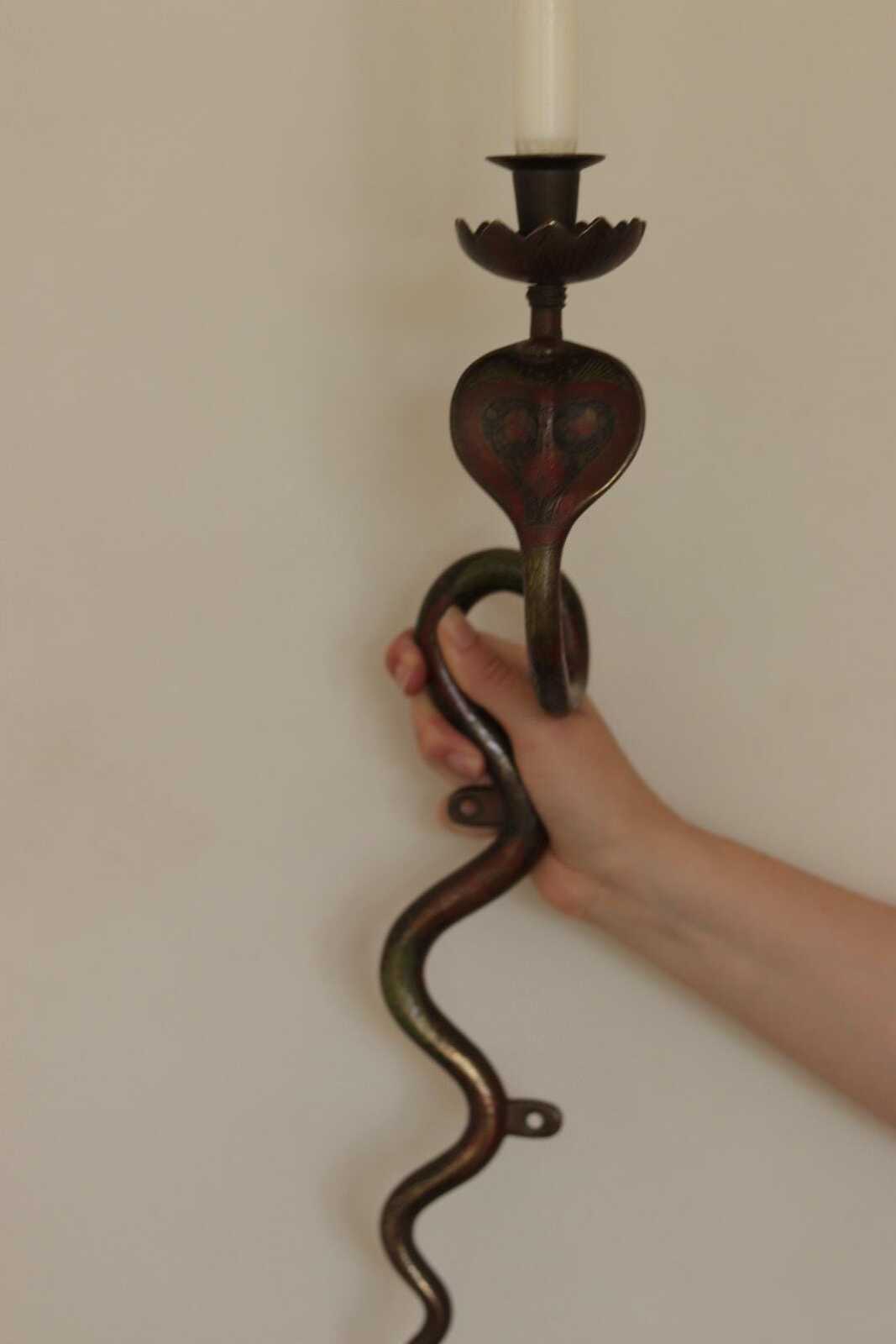 Pair of Egyptian Revival Style Engraved Brass Enameled Cobra Sconces