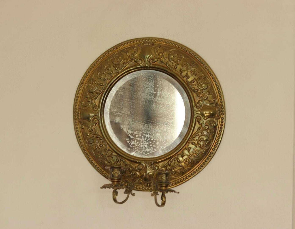 Pair of Swedish Double Arm Mid Century Style Brass Sconces with Mirror