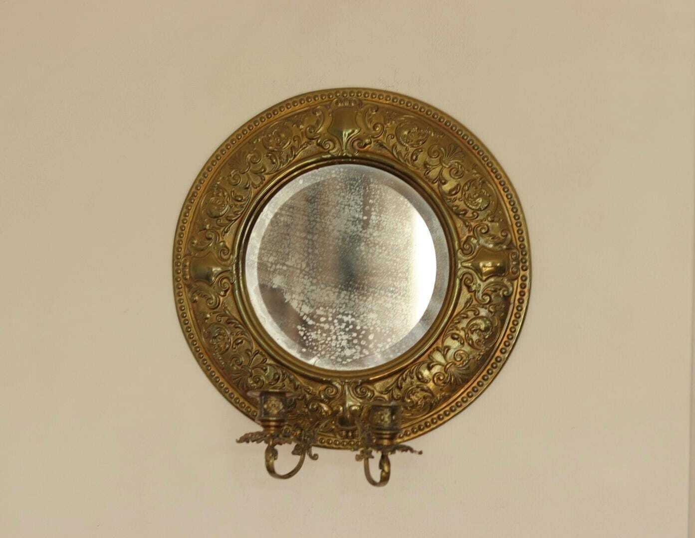 Pair of Swedish Double Arm Mid Century Style Brass Sconces with Mirror