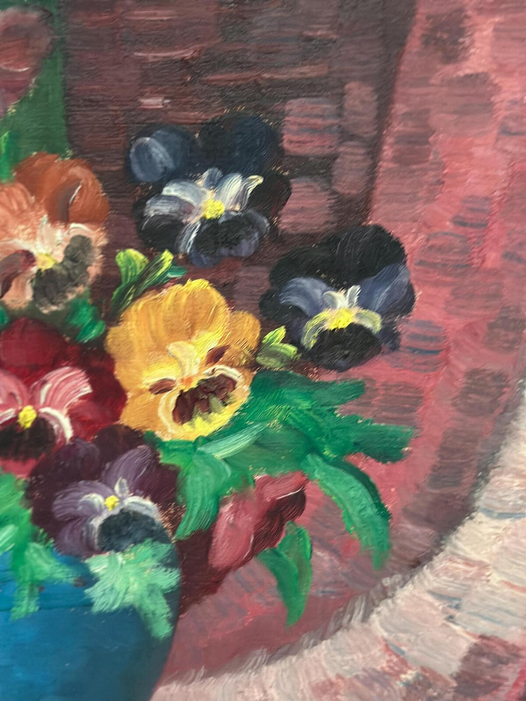 “Pansies in Blue Vase” by G. Stränz