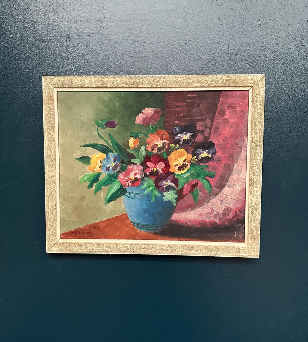 “Pansies in Blue Vase” by G. Stränz
